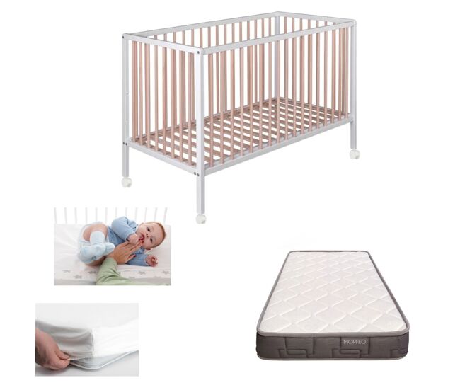Berço de bebé laponia com base de cama de ripas de faia, colchão morfeo, protetor de colchão e 4 rodas