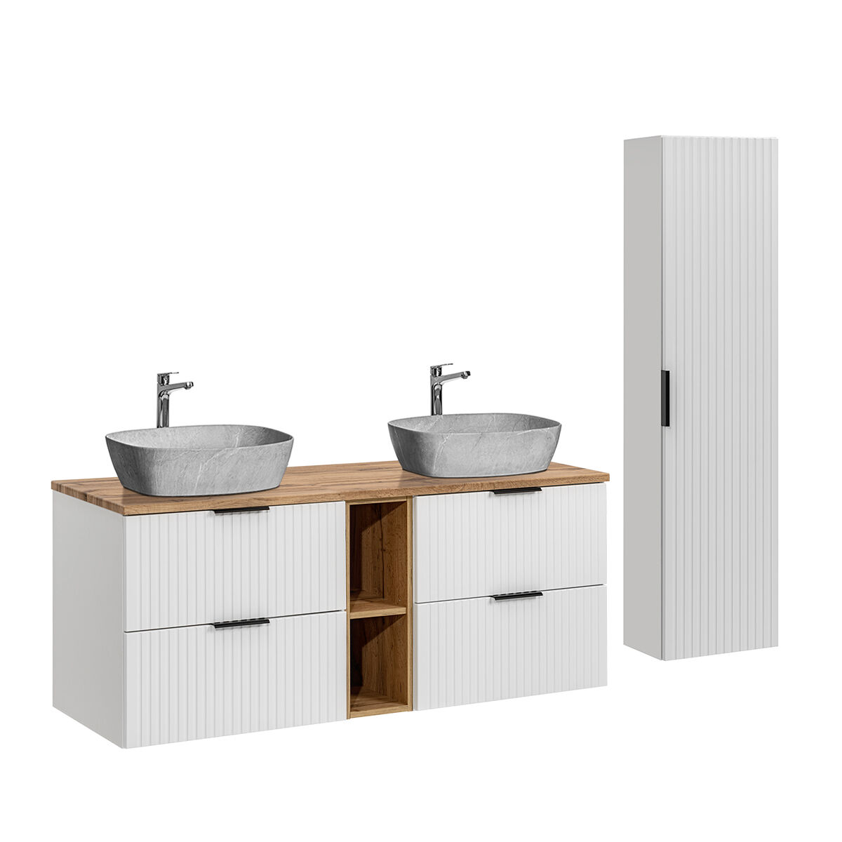 Móvel de lavatório duplo 140cm 2 nichos e pedestal adriel branco e efeito pedra