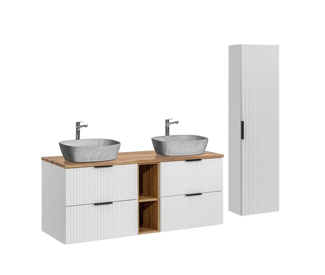 Móvel de lavatório duplo 140cm 2 nichos e pedestal adriel branco e efeito pedra