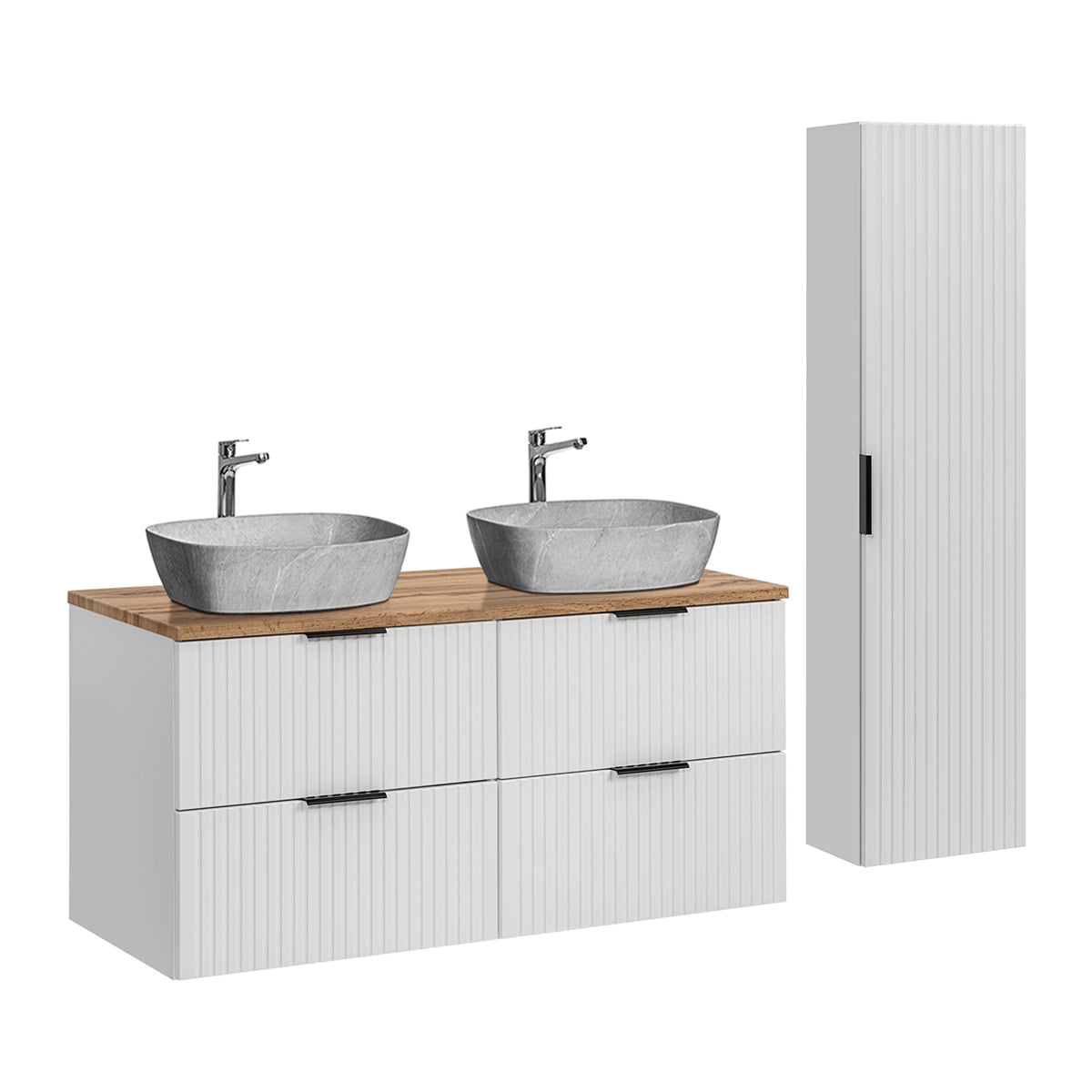 Móvel de lavatório duplo de 120cm e coluna adriel branco e efeito pedra