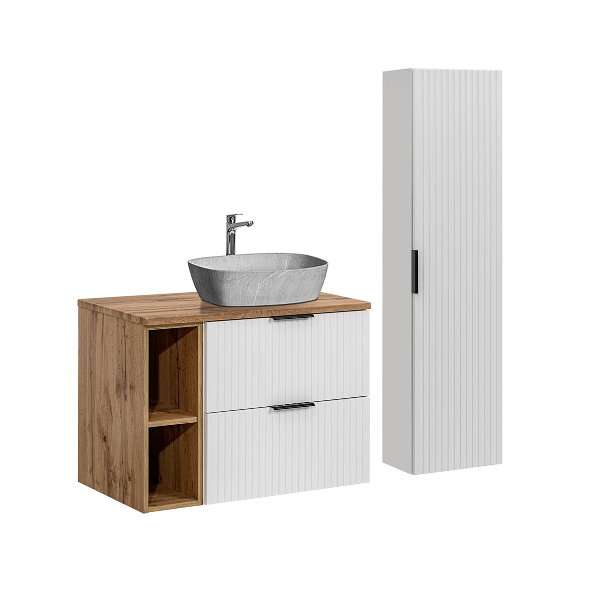 Móvel de lavatório simples adriel blanc e efeito pedra 80cm 2 nichos e enceinte