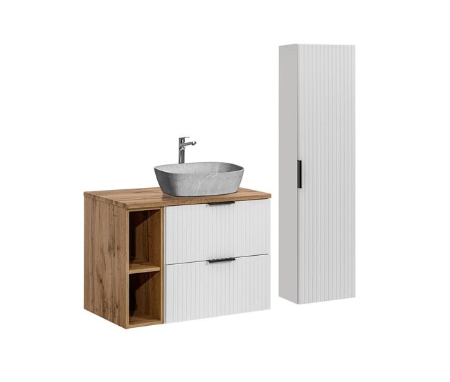 Móvel de lavatório simples adriel blanc e efeito pedra 80cm 2 nichos e enceinte