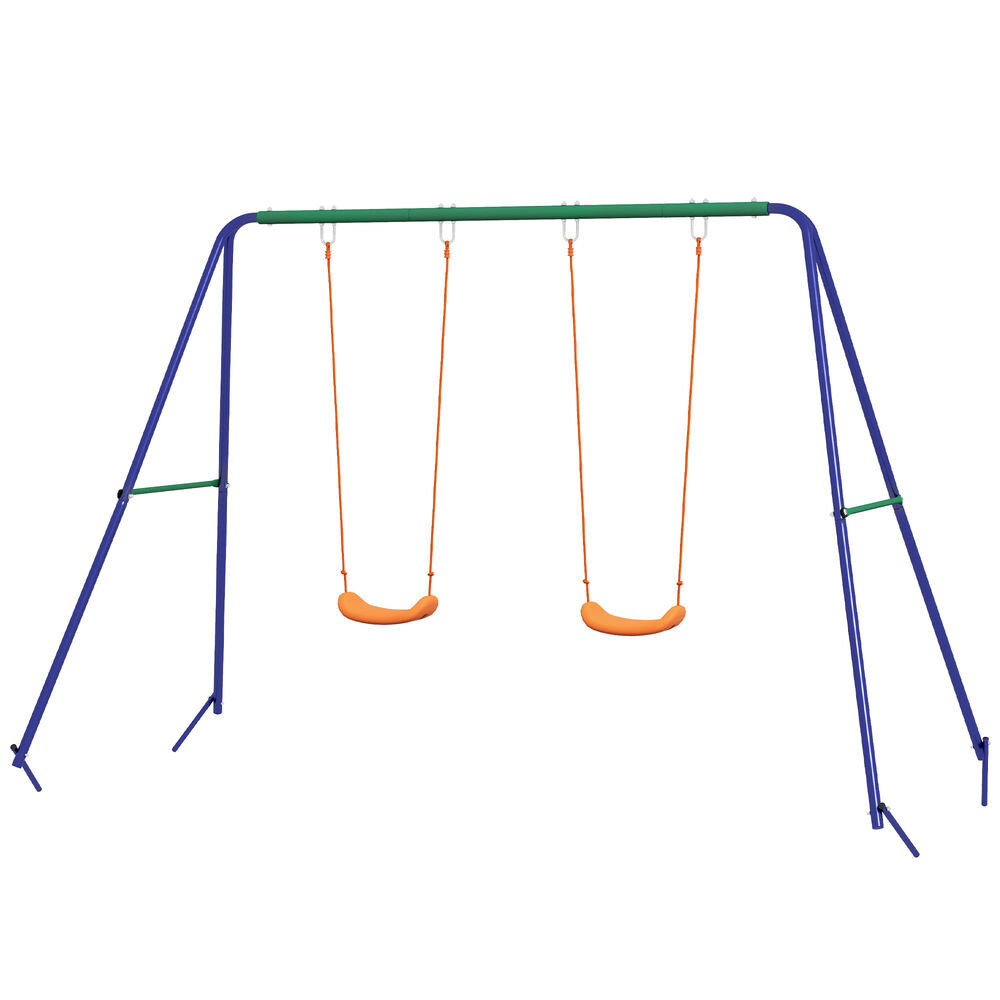Outsunny conjunto de baloiço infantil baloiço para crianças de 3-8 anos com 2 assentos resistente aos raios uv e suporte de metal carga 90 kg para