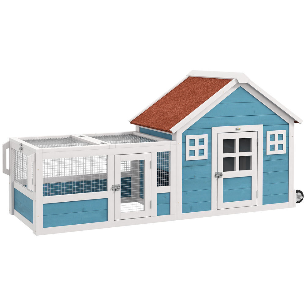 Pawhut coelheira exterior de madeira 162,5x59,2x77,6 cm gaiola para coelhos grande com 2 janelas de decoração 2 rodas 1 porta 1 rampa e teto asfáltico bleu