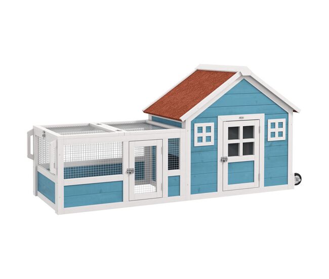 Pawhut coelheira exterior de madeira 162,5x59,2x77,6 cm gaiola para coelhos grande com 2 janelas de decoração 2 rodas 1 porta 1 rampa e teto asfáltico bleu