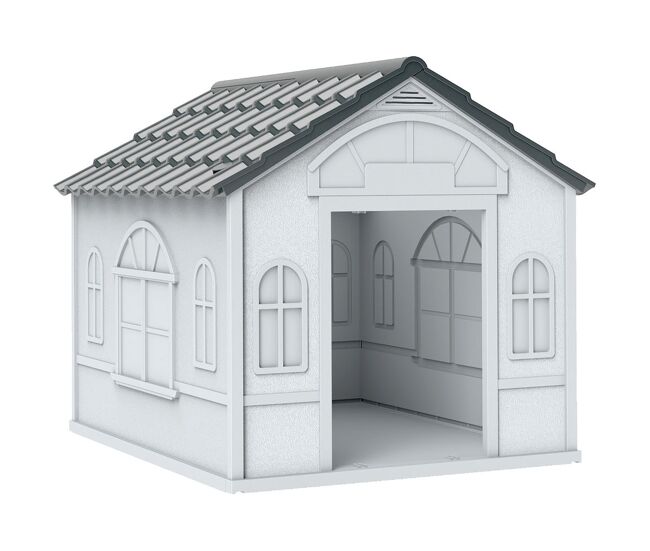 Pawhut casa para cães 65x75,7x63 cm casa para cães com janelas e teto com telhas de imitação para cães médios cinza e branco