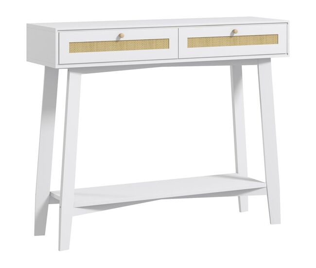 Homcom mesa consola para entrada mesa de entrada com 2 gavetas de desenho de vime e prateleira aberta para sala corredor 100x30x81 cm branco