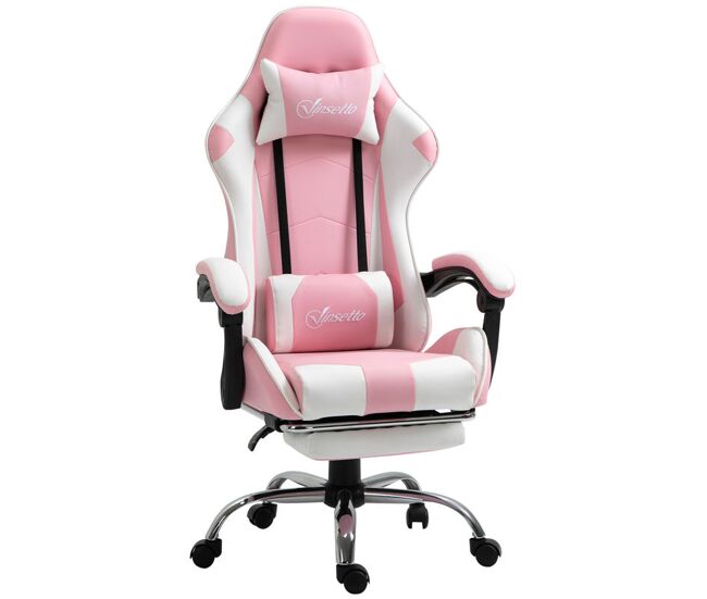 Vinsetto cadeira de gaming reclinável cadeira gaming giratória com apoio para a cabeça apoio para os pés almofada lombar altura ajustável para escritório estúdio 64x67x119-127 cm rosa