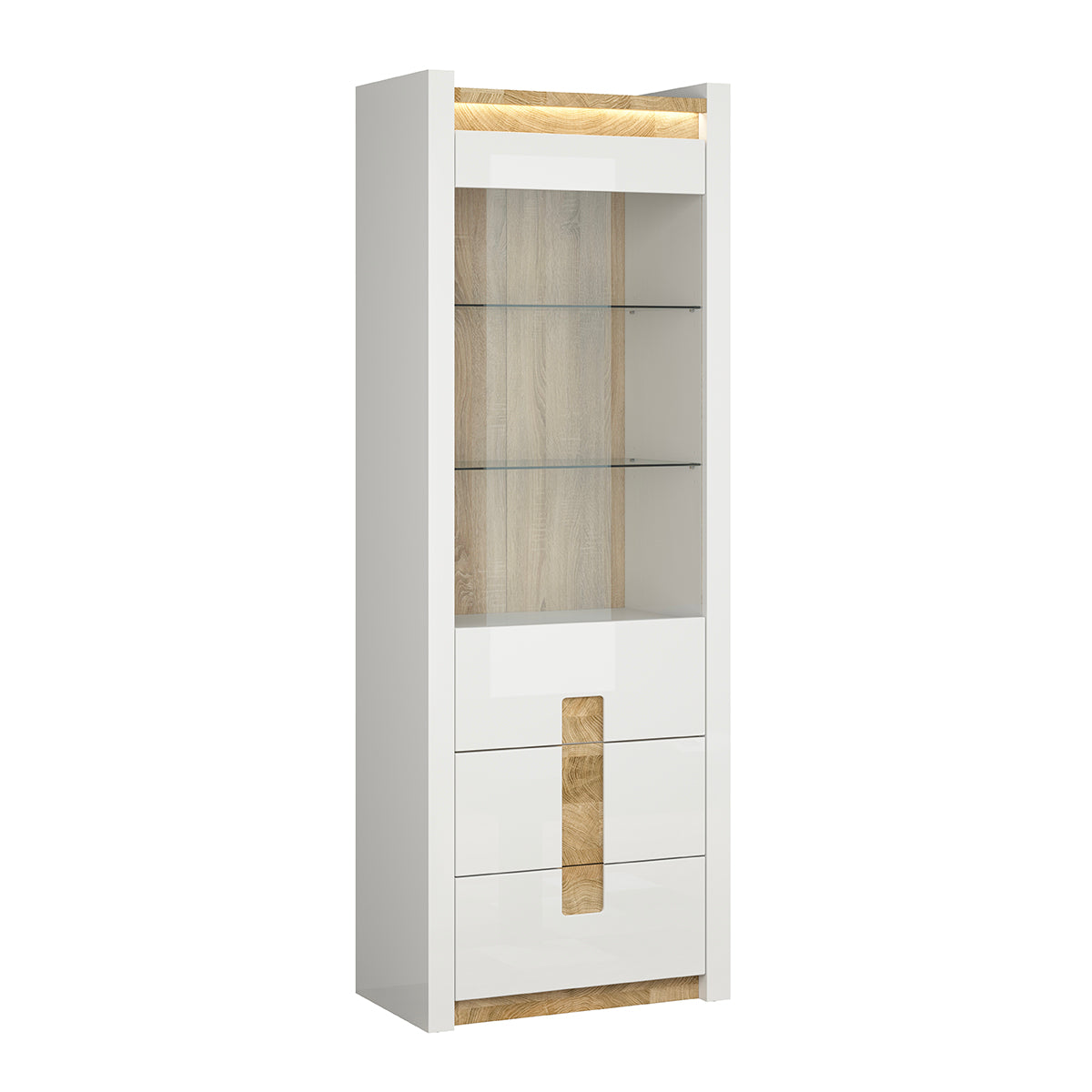 Vitrina 1 porta 2 gavetas com led helios blanc laqué e madeira