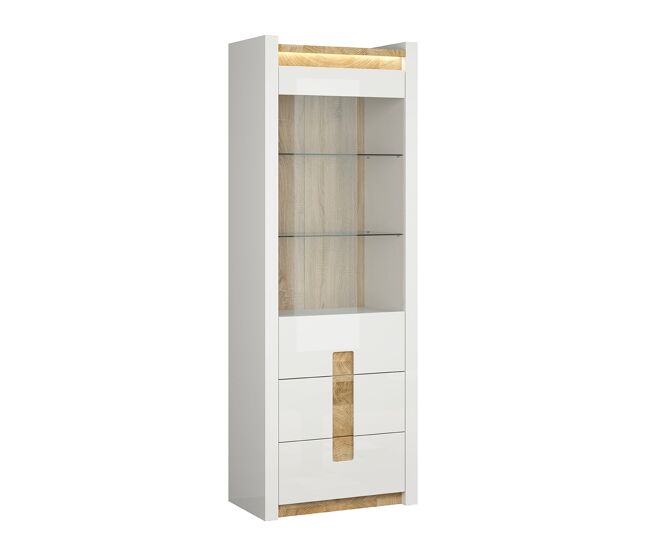 Vitrina 1 porta 2 gavetas com led helios blanc laqué e madeira