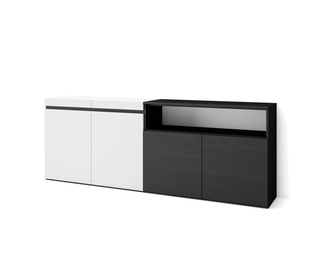 Aparador sala de jantar, sala, cozinha, entrada, tv, 200x35x75cm, 4 portas, armário arrumação, estilo moderno, branco e preto