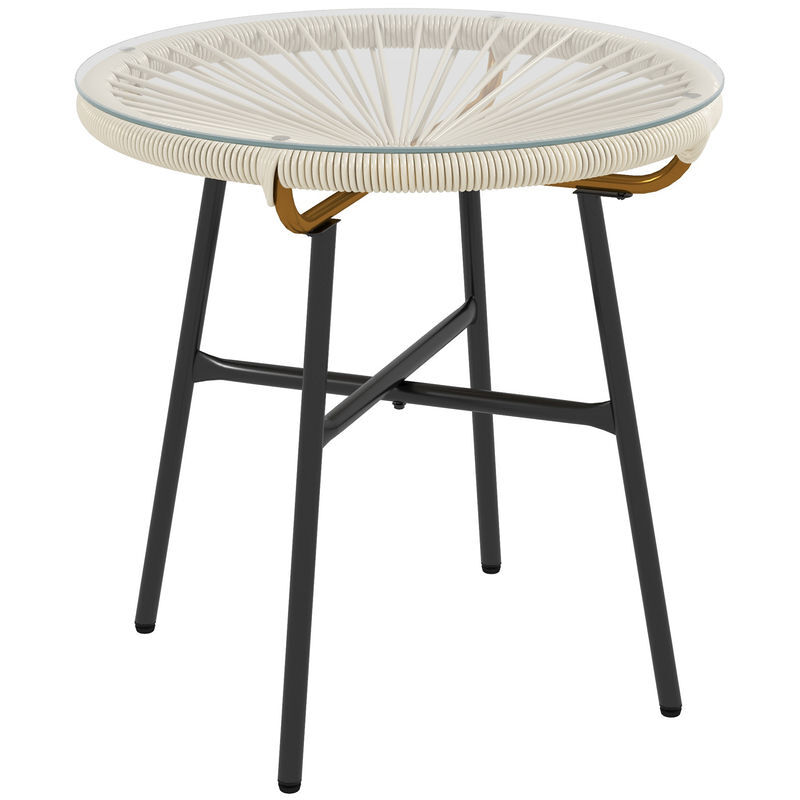 Outsunny mesa auxiliar de vime sintético mesa de centro redonda para exteriores com bancada de vidro temperado e pés de metal para pátio jardim