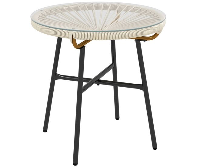 Outsunny mesa auxiliar de vime sintético mesa de centro redonda para exteriores com bancada de vidro temperado e pés de metal para pátio jardim
