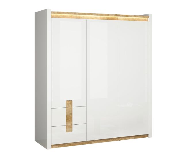 Roupeiro 3 portas com led helios branco laqué e madeira