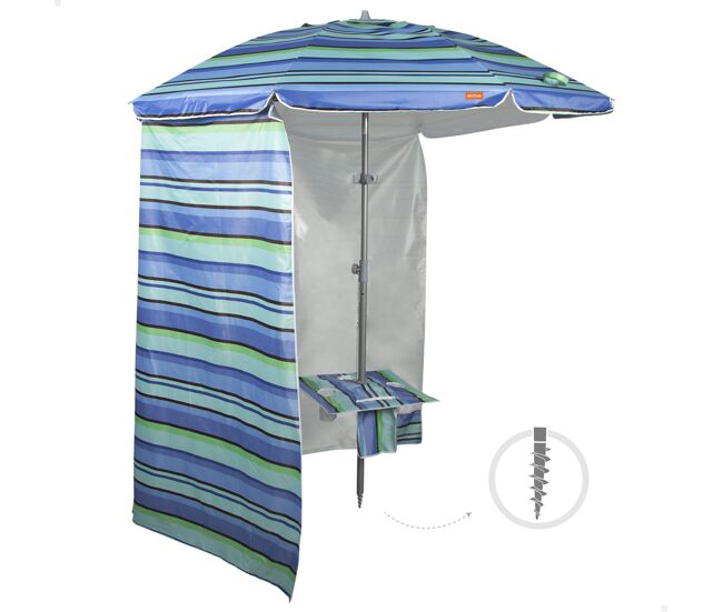 Aktive guarda-sol de praia anti-vento 210 cm riscas azuis com parede e mesa