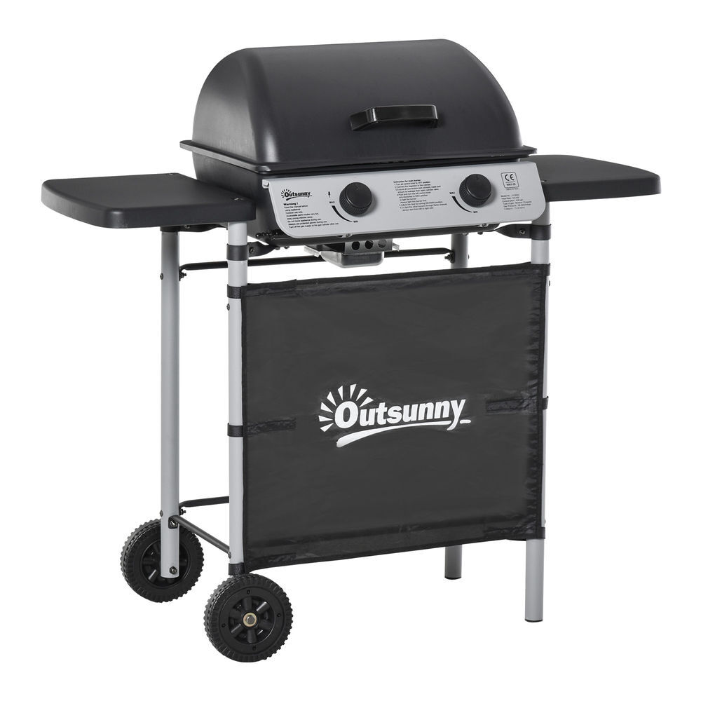 Outsunny barbecue a gás com 2 queimadores 2,8 kw barbecue a gás com 2 rodas 2 mesas laterais e grelhas de aço para piquenique campismo 104x49x99 cm preto