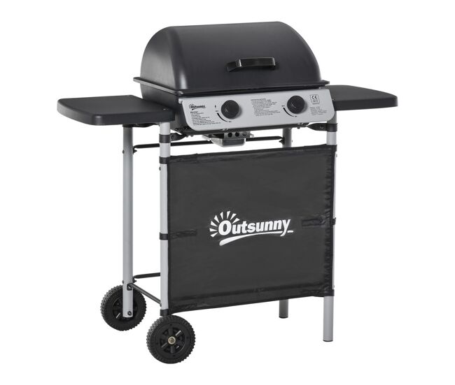 Outsunny barbecue a gás com 2 queimadores 2,8 kw barbecue a gás com 2 rodas 2 mesas laterais e grelhas de aço para piquenique campismo 104x49x99 cm