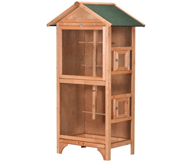 Pawhut gaiola para pássaros gaiola para pássaros de madeira com 3 portas 4 poleiros bandeja amovível e teto asfáltico 80,5x57x153 cm natural