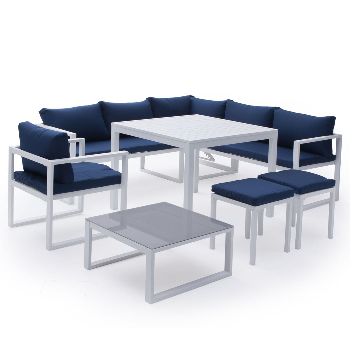 Ibiza mobiliário modular de jardim em tecido azul para 7 pessoas - alumínio branco