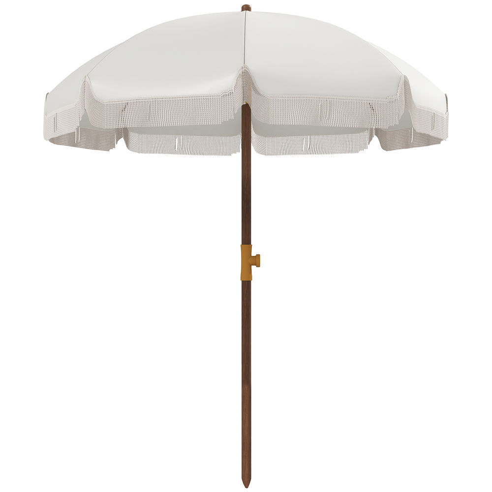 Outsunny guarda-sol de praia grande com franjas ø190 cm guarda-sol de exterior com proteção uv40+, resistente ao vento e impermeável, poste de ø32 mm e bolsa de transporte cinzento claro