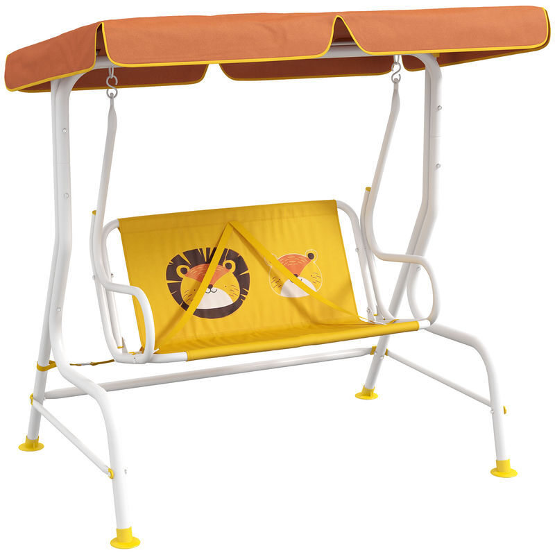 Outsunny balanço de jardim exterior balanço de jardim infantil de 2 lugares com padrão de leão toldo ajustável em ângulo carga 60 kg 110x70x110 cm