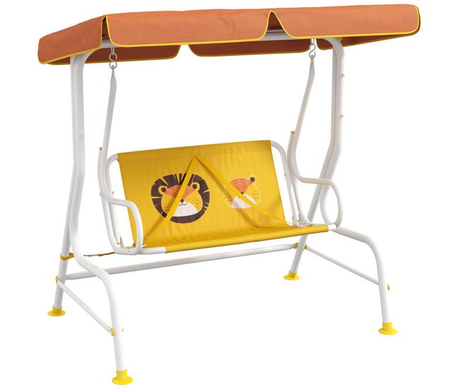 Outsunny balanço de jardim exterior balanço de jardim infantil de 2 lugares com padrão de leão toldo ajustável em ângulo carga 60 kg 110x70x110 cm