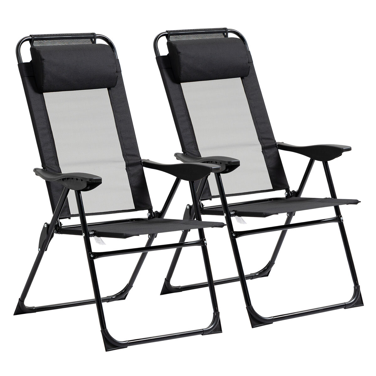 Outsunny 2 Piece Folding Patio Chairs Set, Camping Chair Set Of 2 With Adjustable Sling Back, Removable Headrest, Armrest For Garden, Backyard, Lawn, Black Preto