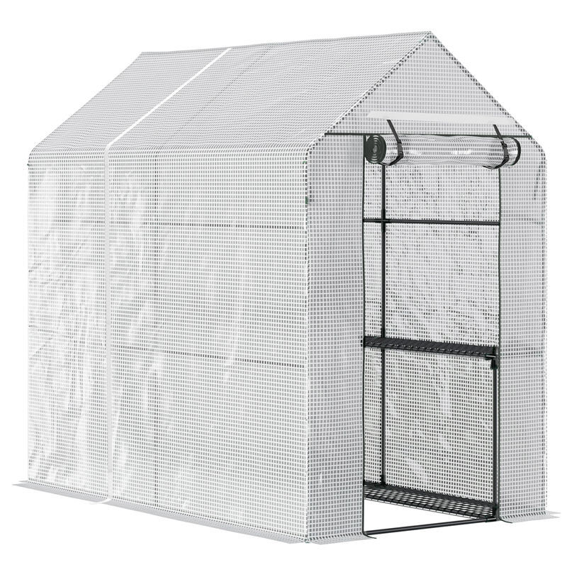 Outsunny estufa de jardim estufa caseira com 4 prateleiras porta enrolável cobertura de pe 140g/m² e estrutura de aço para cultivos de plantas flores