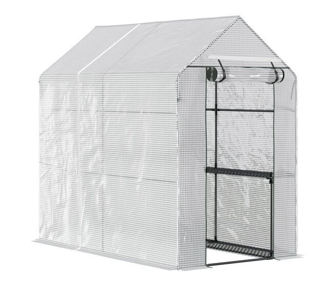 Outsunny estufa de jardim estufa caseira com 4 prateleiras porta enrolável cobertura de pe 140g/m² e estrutura de aço para cultivos de plantas flores