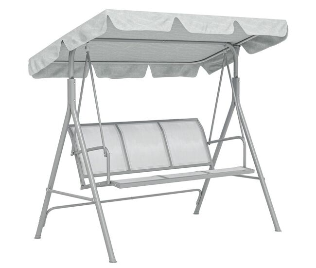 Outsunny baloiço de jardim exterior de 3 lugares com toldo ajustável, encosto respirável e estrutura metálica para terraço e varanda, suporta até 240