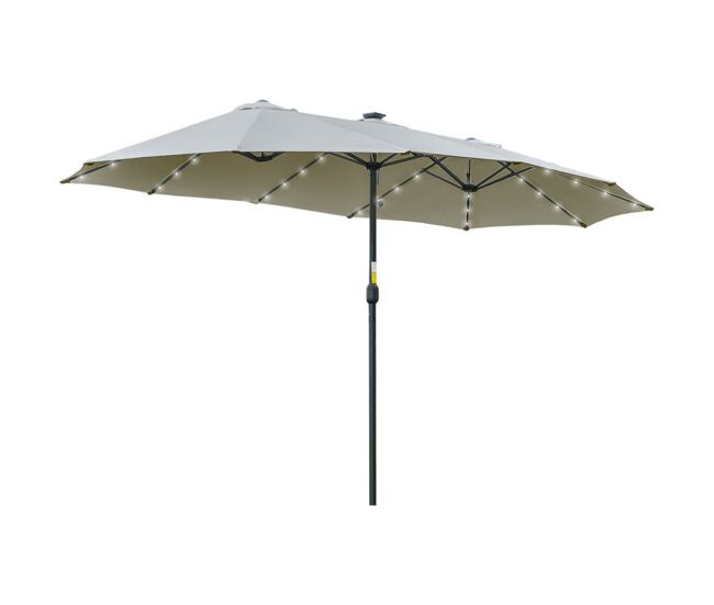 Outsunny chapéu de sol duplo com 48 luzes led, 4,5x2,7 m, guarda-sol para exterior com manivela manual, resistente à água e proteção solar, ideal para