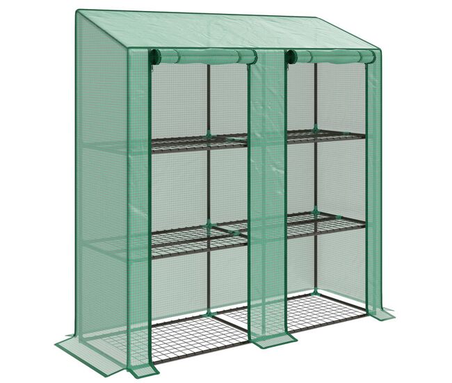 Outsunny estufa de jardim de 3 níveis estufa de terraço com étagères teto inclinado e 2 portas com fecho de correr para cultivo de plantas em pátio 143x46x141/151 cm verde