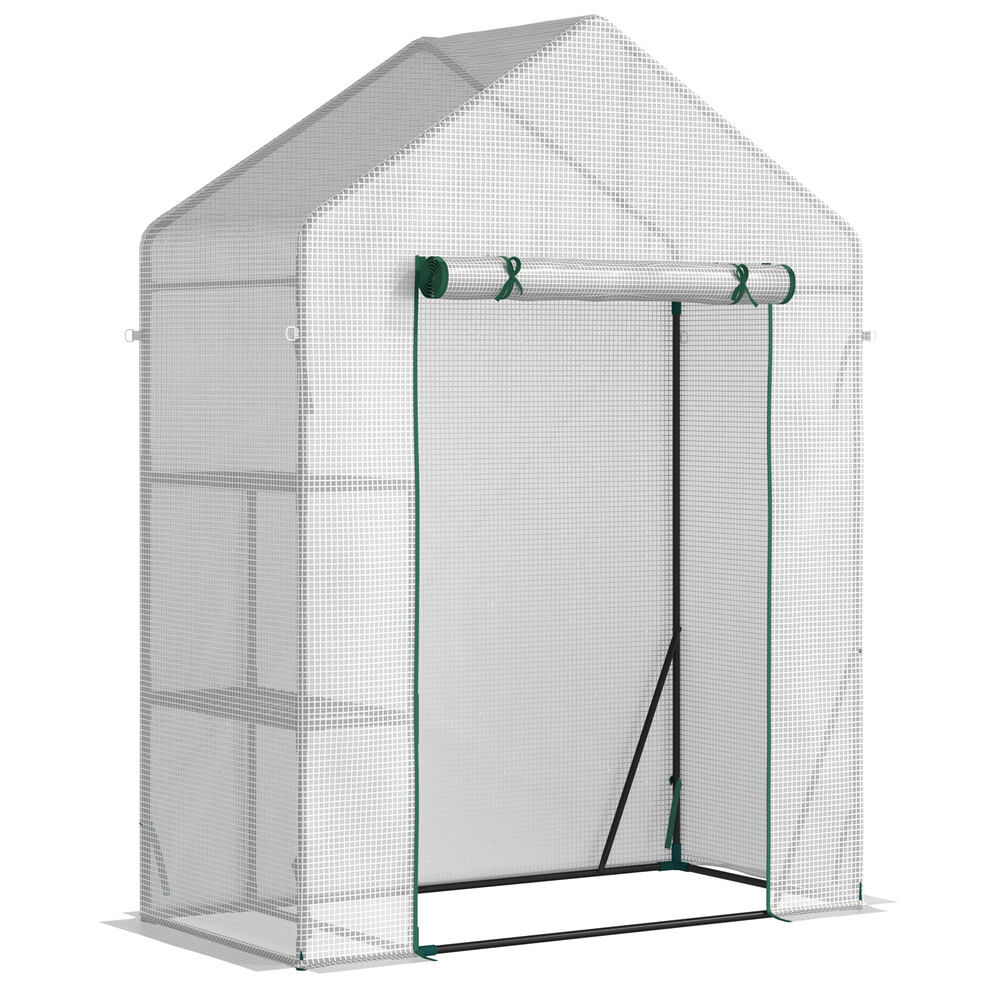 Outsunny estufa de jardim 143x73x195cm estufa de aço com 2 prateleiras e porta enrolável para cultivos de plantas vasos de flores pátio exterior
