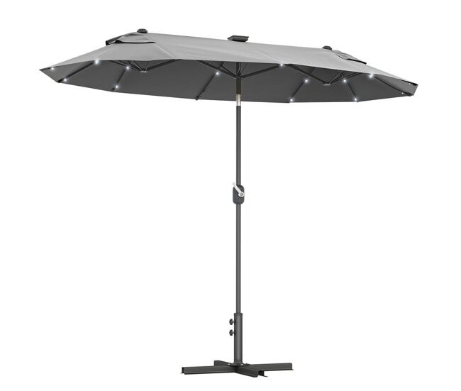 Outsunny chapéu de sol duplo 295x150x219 cm chapéu de sol de jardim com luzes led solares teto com inclinação ajustável e manivela manual para pátio