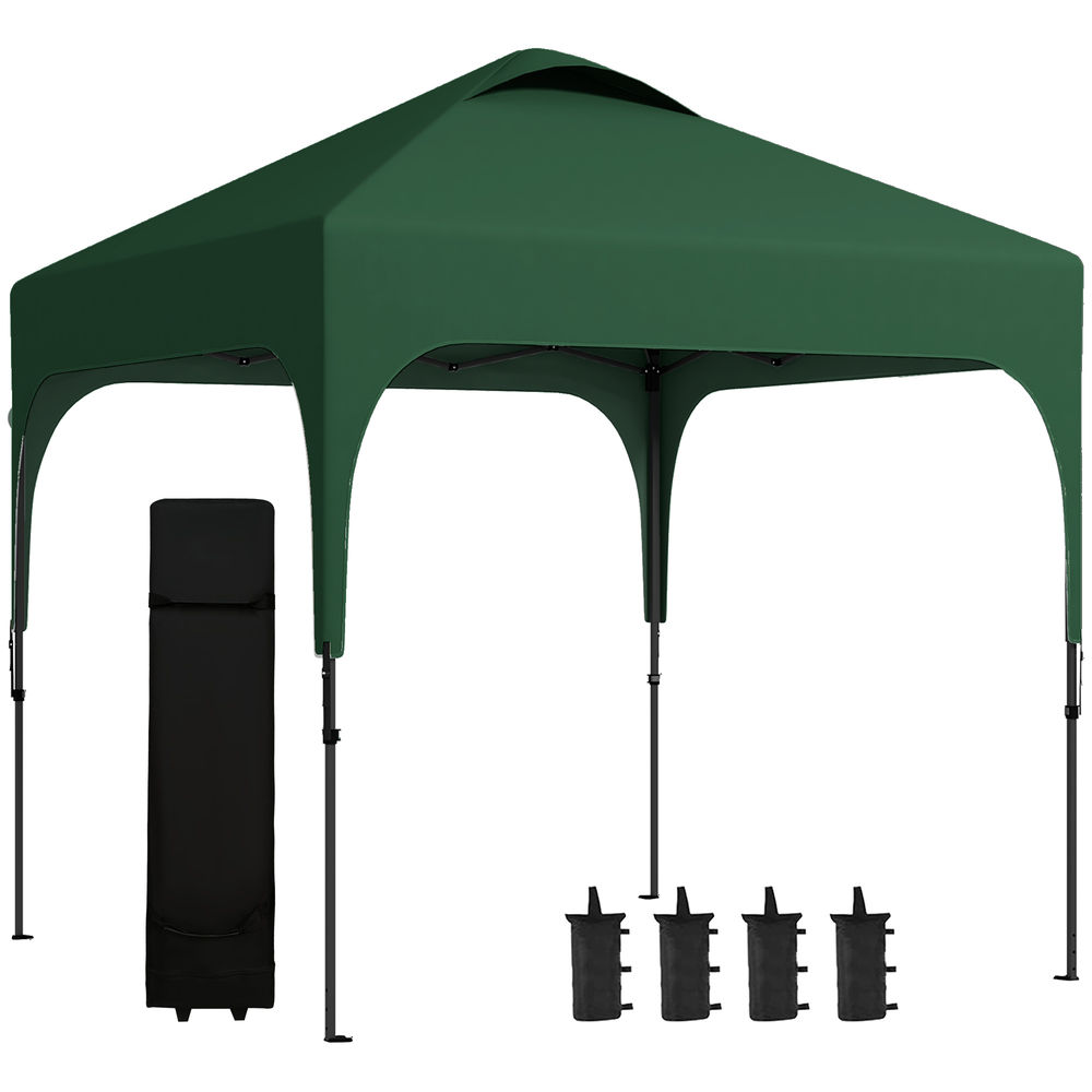 Outsunny tenda dobrável 2,5x2,5x2,68cm tenda de jardim com proteção uv 50+ altura ajustável com 4 sacos de areia e bolsa de transporte para acampamento festas pátio verde escuro