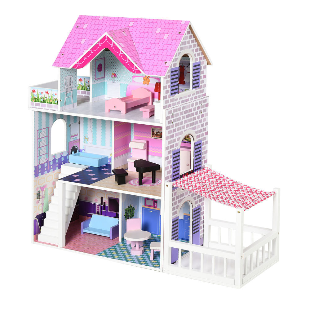Homcom casa de bonecas de 3 andares com pátio móveis acessórios bonita casa de bonecas de madeira 86x30x87 cm rosa
