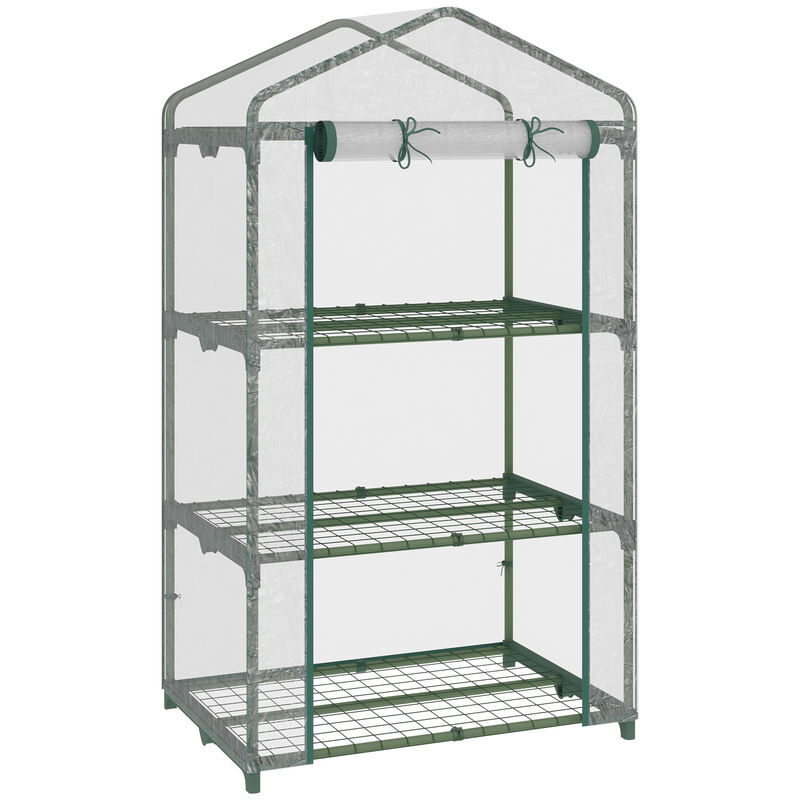Outsunny estufa de jardim com 3 prateleiras metálicas e porta enrolável estufa de varanda exterior para cultivo de plantas flores 69x49x125cm