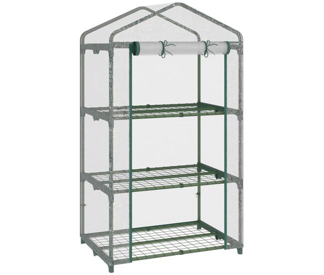 Outsunny estufa de jardim com 3 prateleiras metálicas e porta enrolável estufa de varanda exterior para cultivo de plantas flores 69x49x125cm