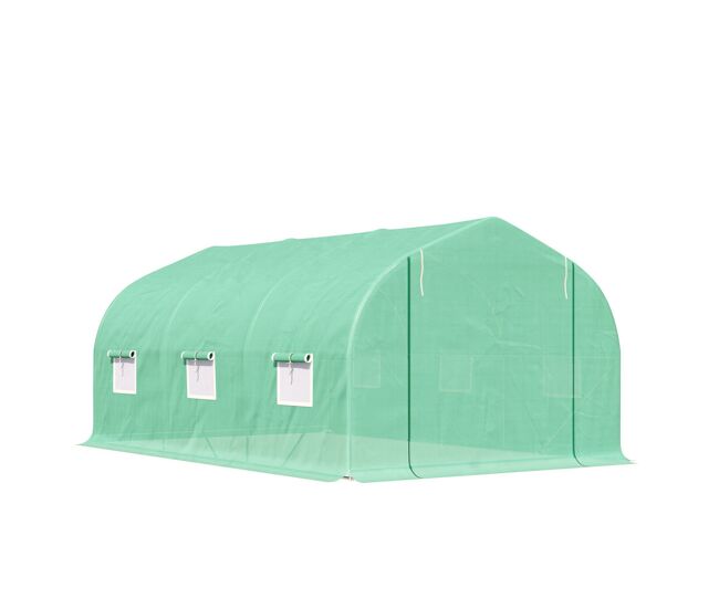 Outsunny estufa tipo túnel 450x300x200 cm estufa de jardim com porta e 6 janelas enroláveis cobertura de pe e aço para cultivos de plantas flores