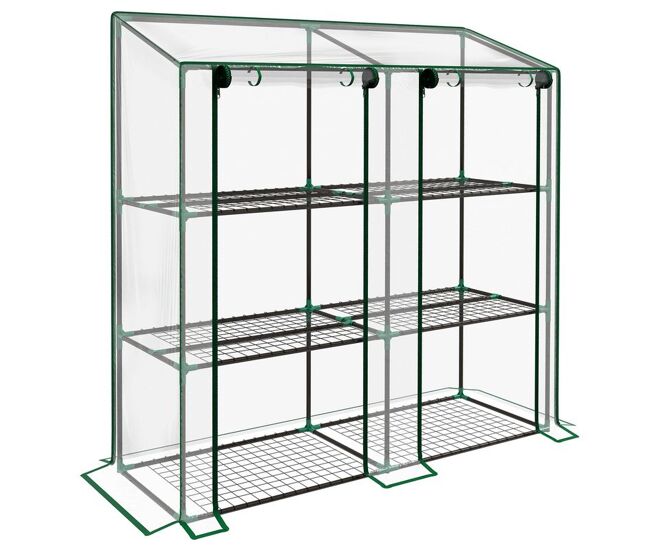Outsunny estufa de jardim de 3 níveis estufa de terraço com prateleiras teto inclinado e 2 portas com fecho de correr para cultivo de plantas em pátio