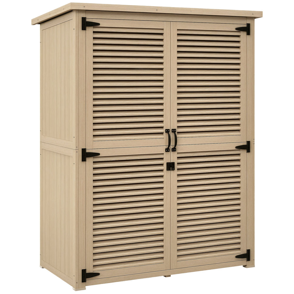 Outsunny armário de jardim de madeira 0,83 m² 127x65x168 cm armário exterior de madeira com 2 portas de persiana 2 prateleiras 2 alças e telhado