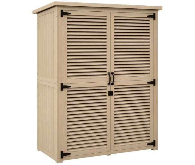 Outsunny armário de jardim de madeira 0,83 m² 127x65x168 cm armário exterior de madeira com 2 portas de persiana 2 prateleiras 2 alças e telhado