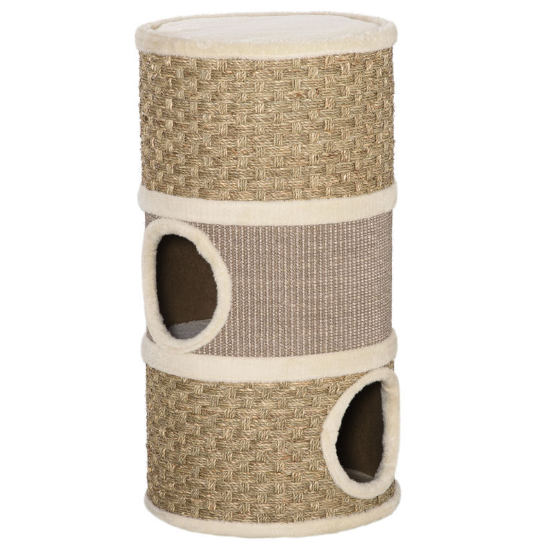 Pawhut torre arranhadora para gatos de 3 níveis, altura 70 cm, cama para gatos com sisal, móvel arranhador, ø37,5x70 cm, caqui e castanho