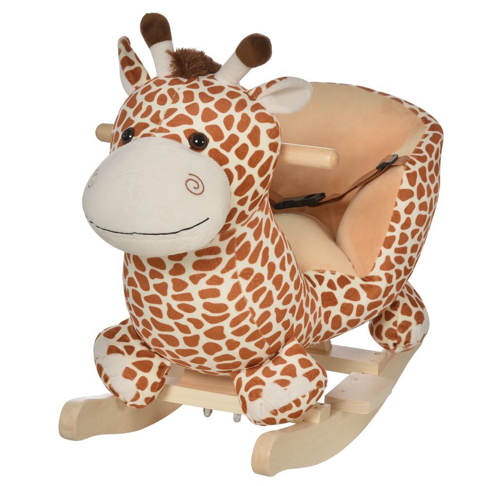 Homcom baloiço para crianças acima de18 meses baloiço de pelúcia em madeira com 32 canções cinturão de segurança girafa de pelúcia 60x33x45 cm marrom