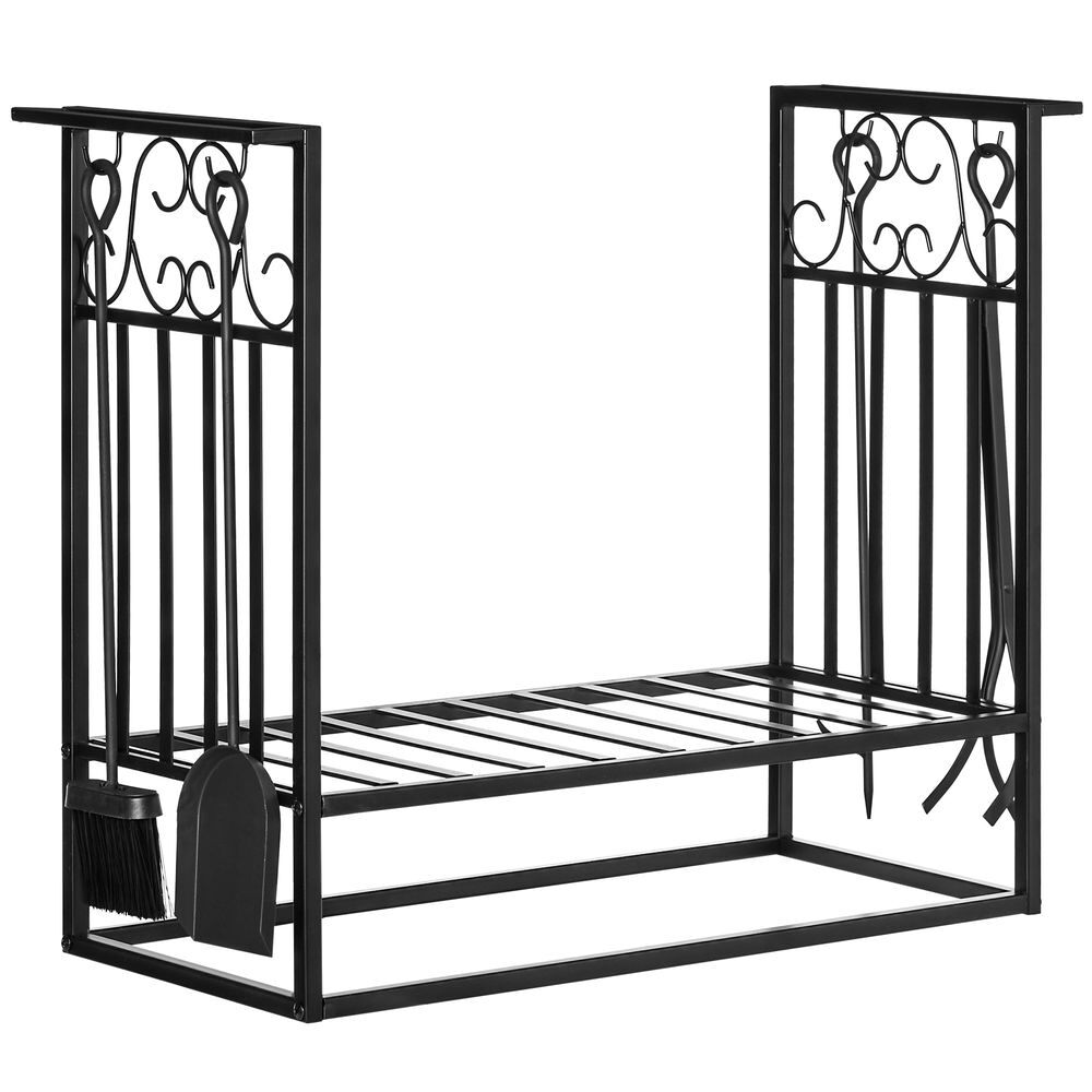 Homcom suporte para lenhas 75x30x60cm porta lenha com desenho vintage com 4 ferramentas base elevada carga máxima 100kg acier noir