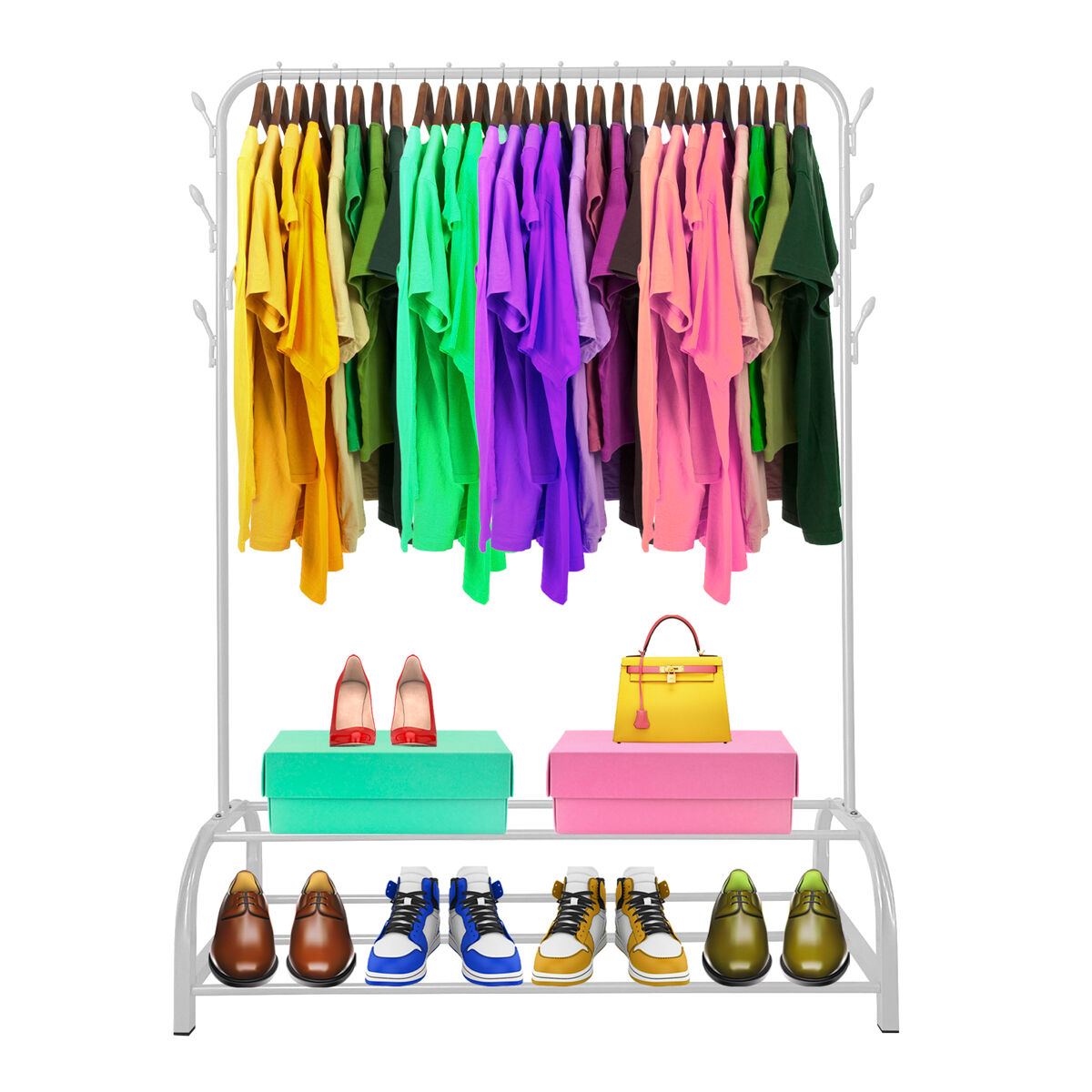Donkey premium rack 2 suportes cabideiro nyana home 158x110x39cm, 1 barra suspensa, 8 ganchos laterais, 2 prateleiras inferiores brancas.