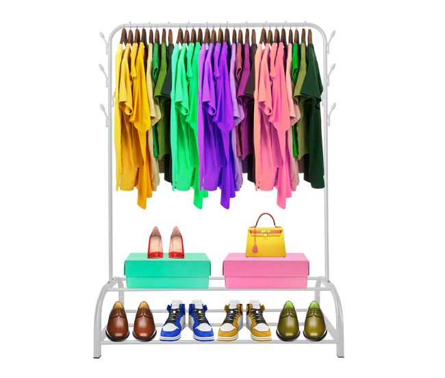 Donkey premium rack 2 suportes cabideiro nyana home 158x110x39cm, 1 barra suspensa, 8 ganchos laterais, 2 prateleiras inferiores brancas.