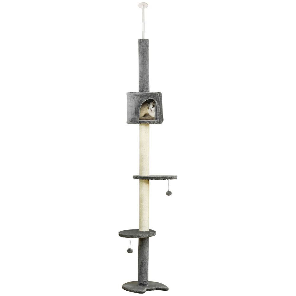 Pawhut árvore arranhador para gatos para fixar ao teto altura ajustável 220-280cm com plataformas caverna postes de sisal bolas penduradas 40x40x280cm