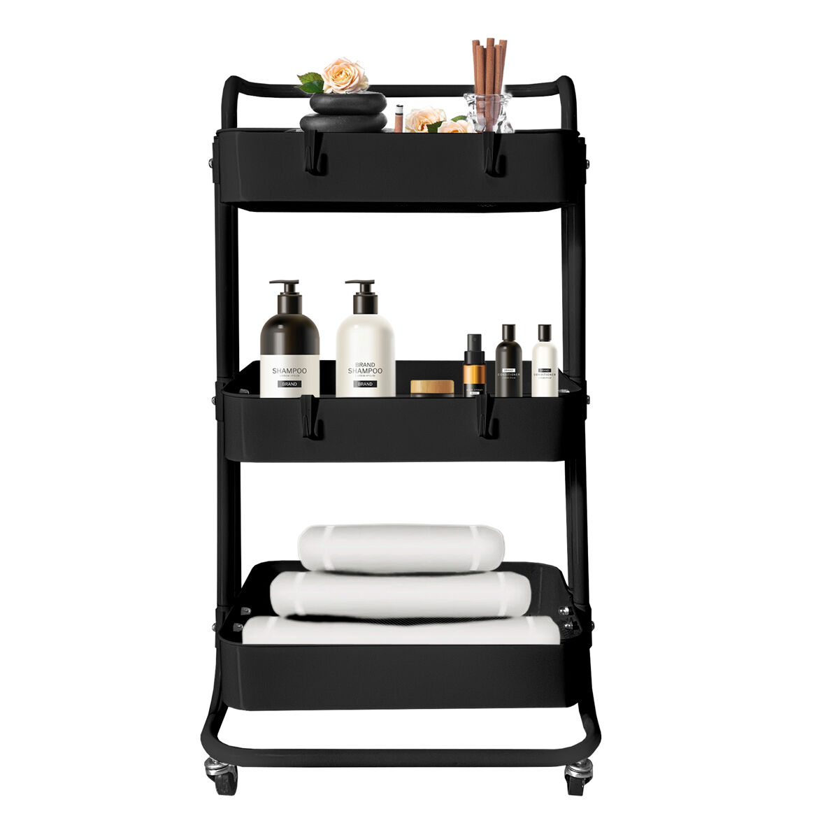 Carrinho de armazenamento de metal nyana home 3 prateleiras 85x44x37cm, 3 prateleiras preto.