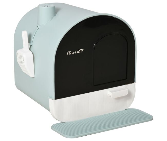 Pawhut caixa de areia para gatos caixa de areia fechada para gatos com porta dianteira bandeja removível pá tapete e filtro 43x44x47cm verde